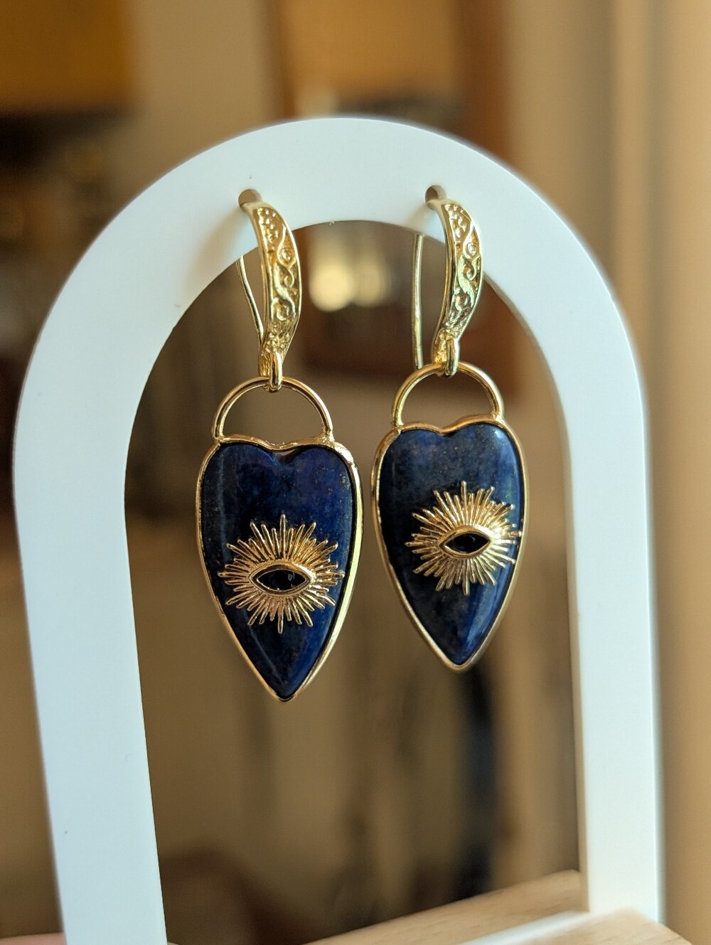 Blue Lapis Shield Gold Drop Earrings with Sunburst Eye Accent - Picture 5 of 6